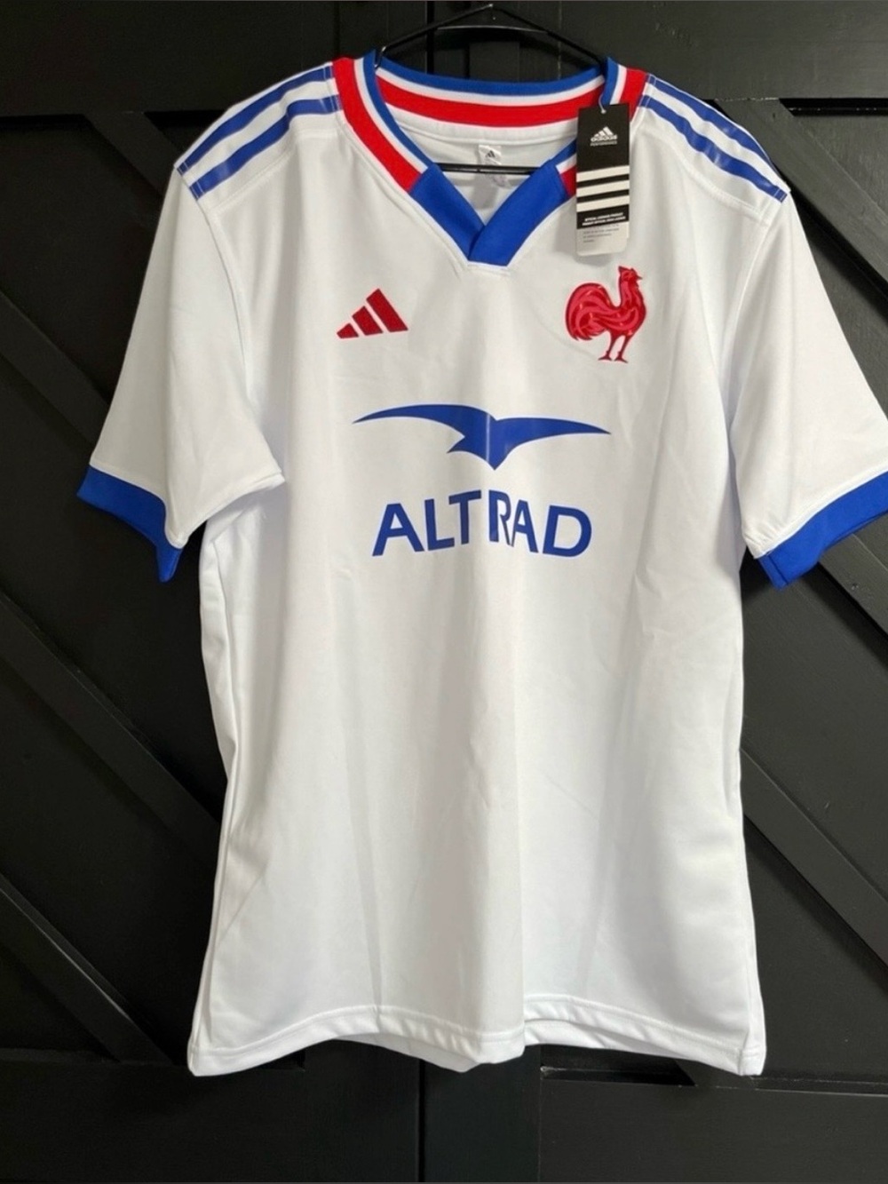 Adidas D.DOUE White Jersey with Blue Stripes and Red Crest